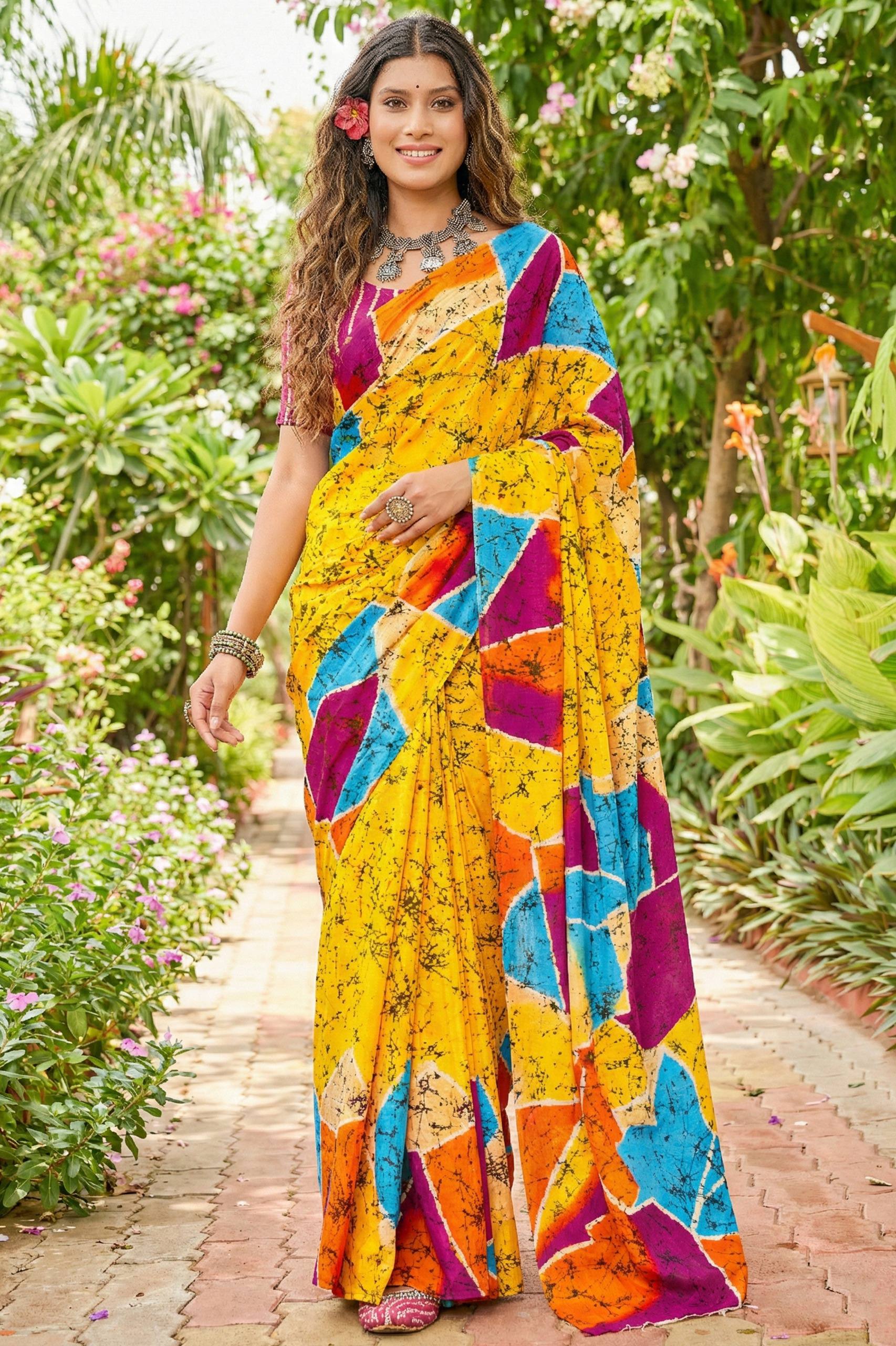 PURE MULMUL COTTON BAGRU FANCY HAND PRINT YELLOW AND PINK SAREE WITH BLOUSE