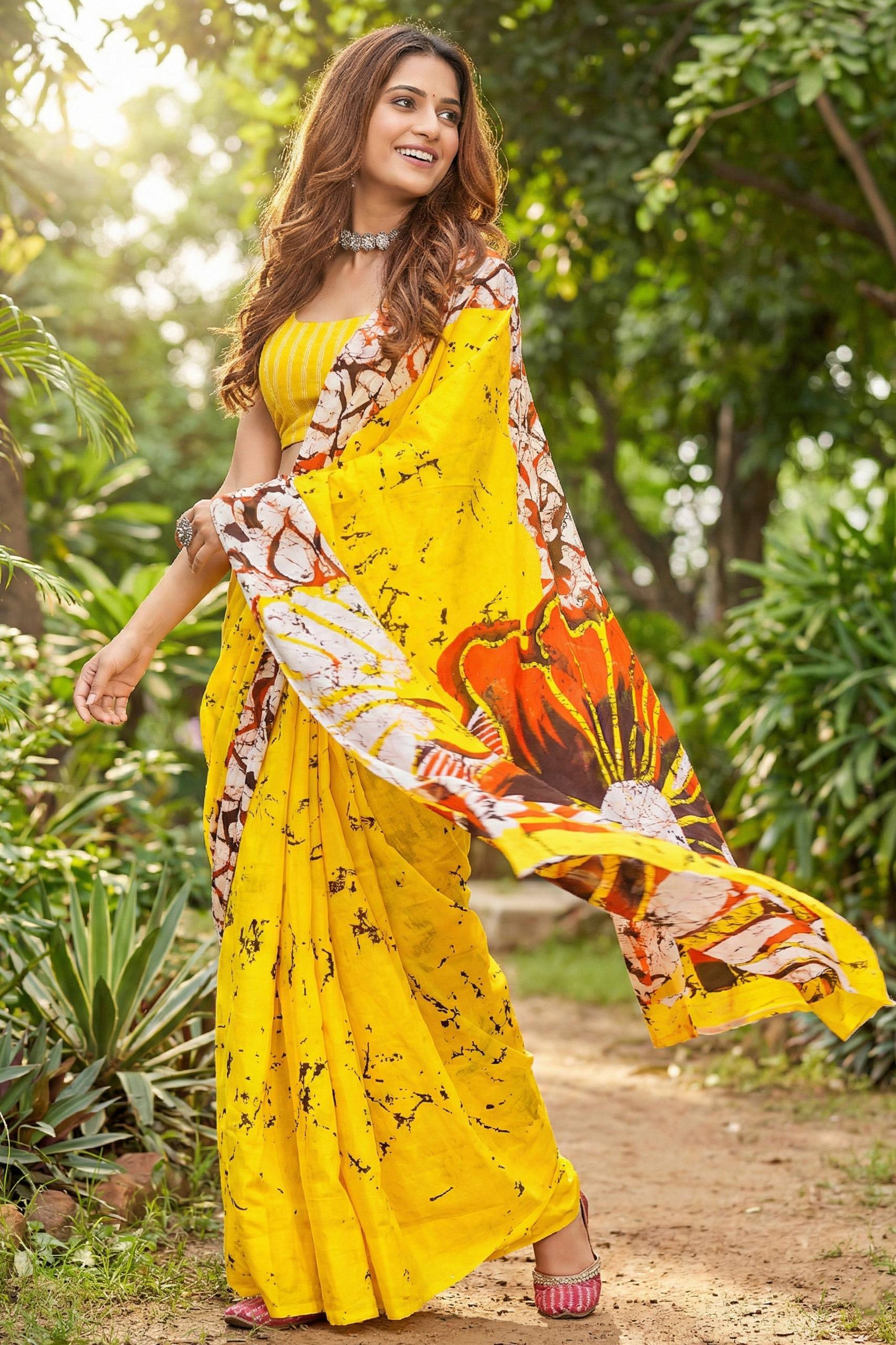 PURE MULMUL COTTON BAGRU FANCY HAND PRINT YELLOW SAREE WITH BLOUSE