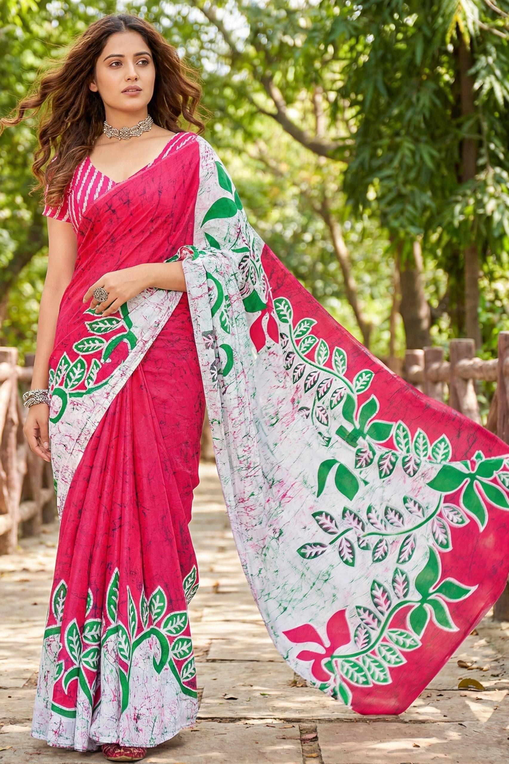 PURE MULMUL COTTON BAGRU FANCY HAND PRINT PINK AND WHITE SAREE WITH BLOUSE