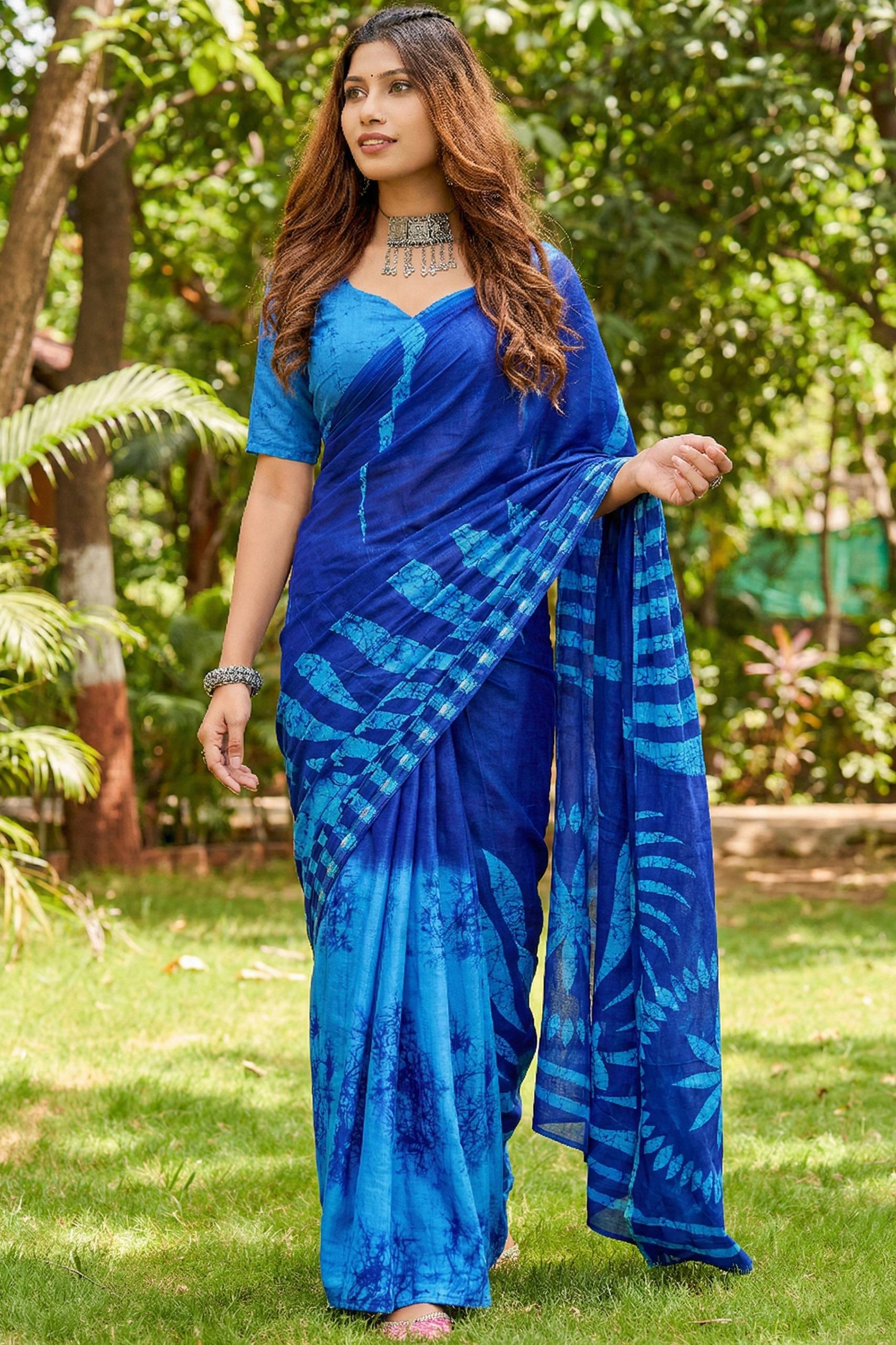 PURE MULMUL COTTON BAGRU FANCY HAND PRINT BLUE SAREE WITH BLOUSE