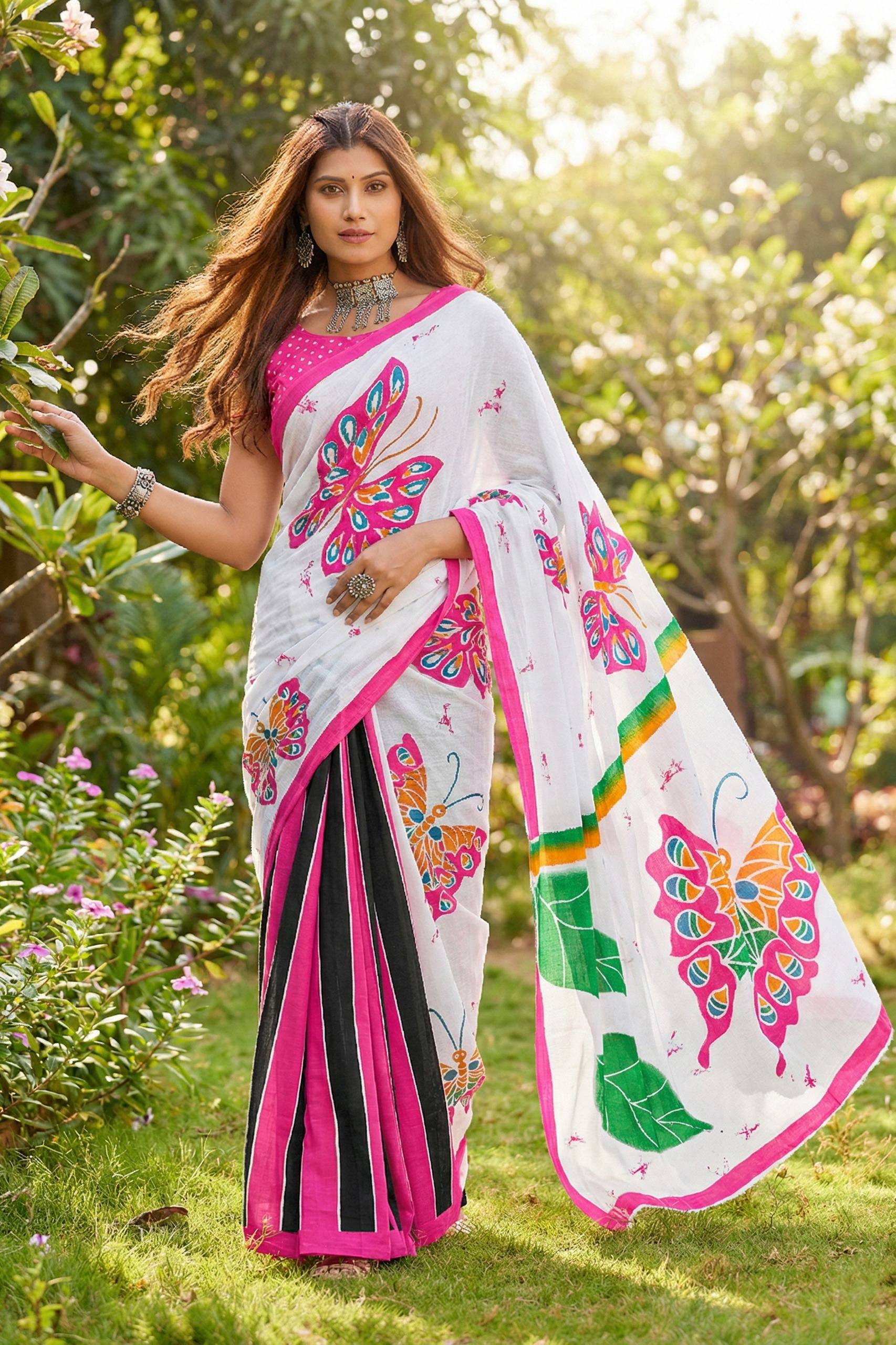 PURE MULMUL COTTON BAGRU FANCY HAND PRINT PINK SAREE WITH BLOUSE