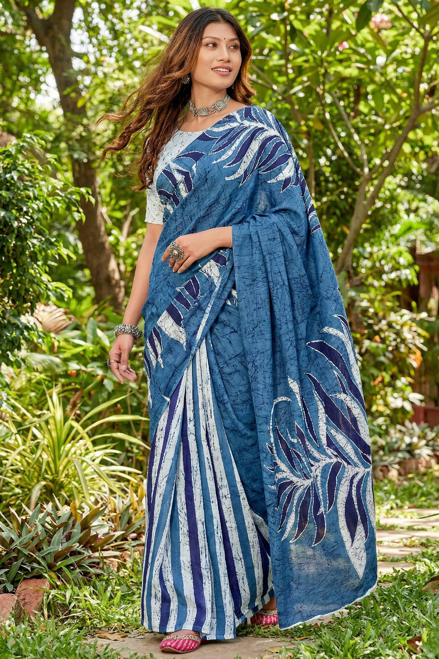 PURE MULMUL COTTON BAGRU FANCY HAND PRINT TEAL SAREE WITH BLOUSE