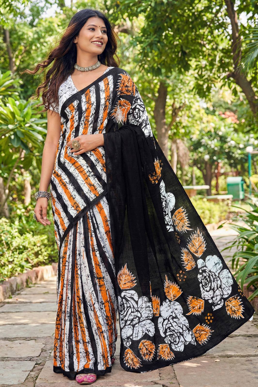 PURE MULMUL COTTON BAGRU FANCY HAND PRINT BLACK SAREE WITH BLOUSE