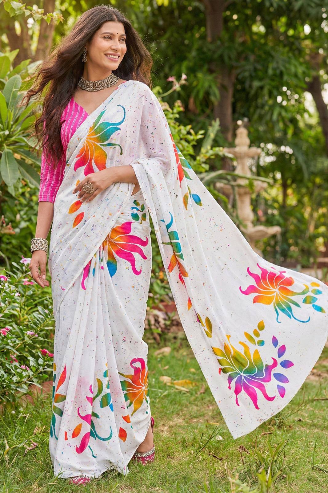 PURE MULMUL COTTON BAGRU FANCY HAND PRINT WHITE SAREE WITH BLOUSE