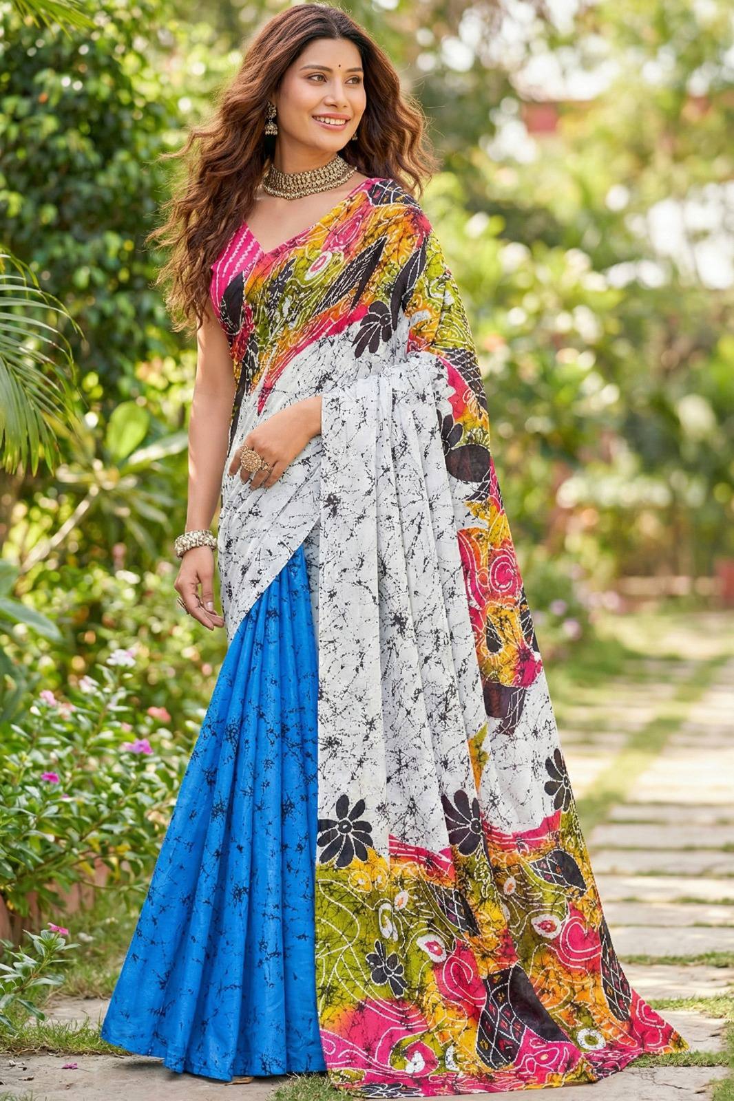 PURE MULMUL COTTON BAGRU FANCY HAND PRINT MULTICOLOR SAREE WITH BLOUSE