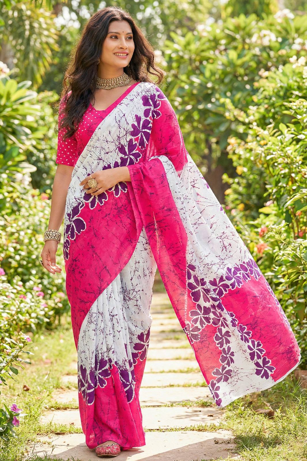 PURE MULMUL COTTON BAGRU FANCY HAND PRINT PINK AND WHITE SAREE WITH BLOUSE