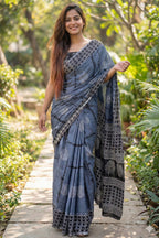 PURE SOFT COTTON JAIPURI BLOCK PRINT GREY SAREE WITH BLOUSE