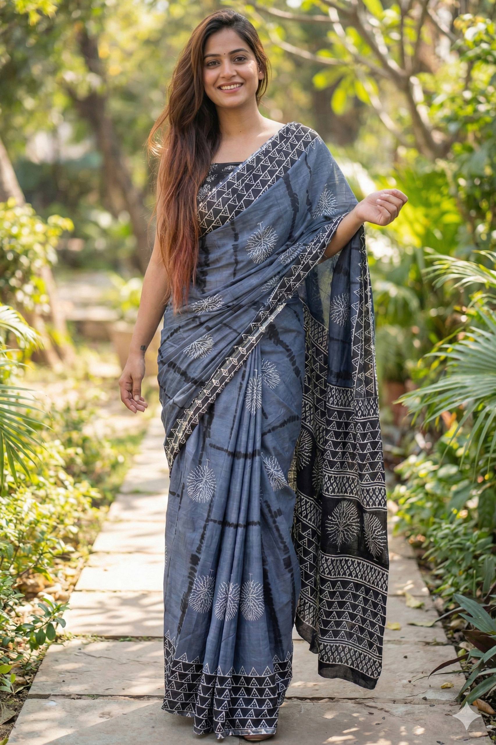 PURE SOFT COTTON JAIPURI BLOCK PRINT GREY SAREE WITH BLOUSE