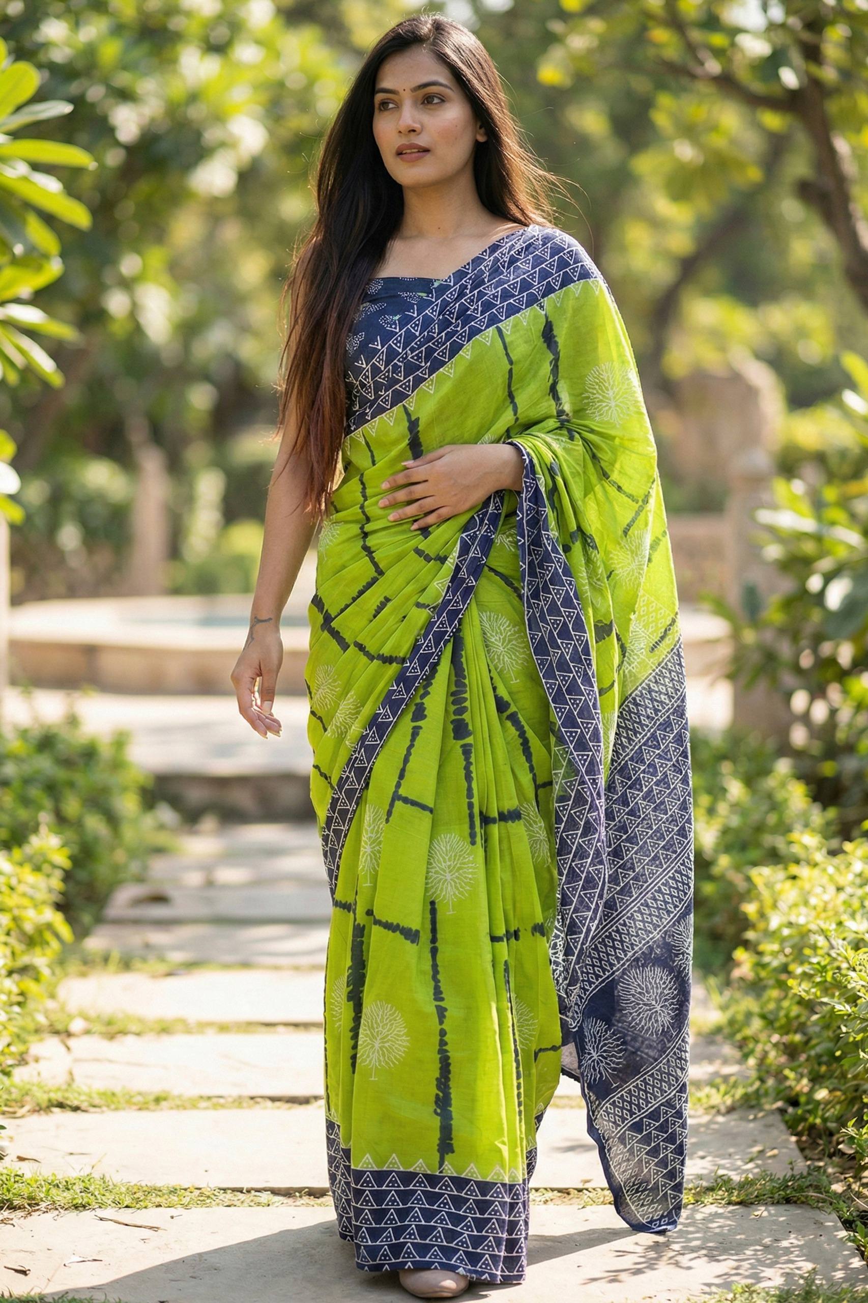 PURE SOFT COTTON JAIPURI BLOCK PRINT GREEN SAREE WITH BLOUSE