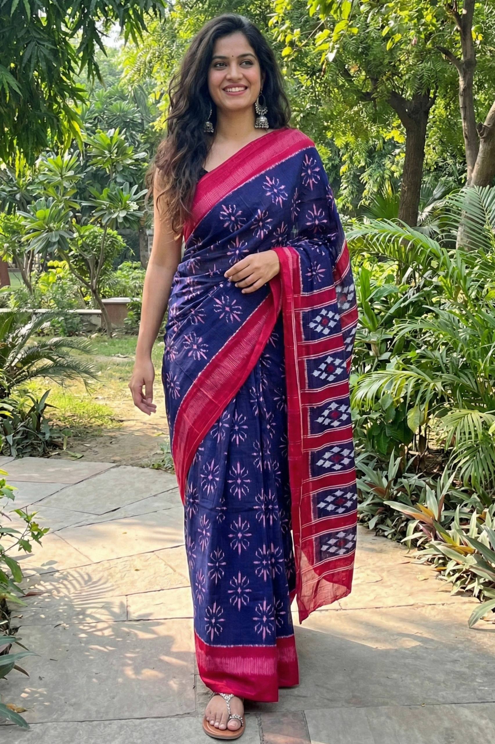 PURE SOFT COTTON JAIPURI BLOCK PRINT BLUE SAREE WITH BLOUSE
