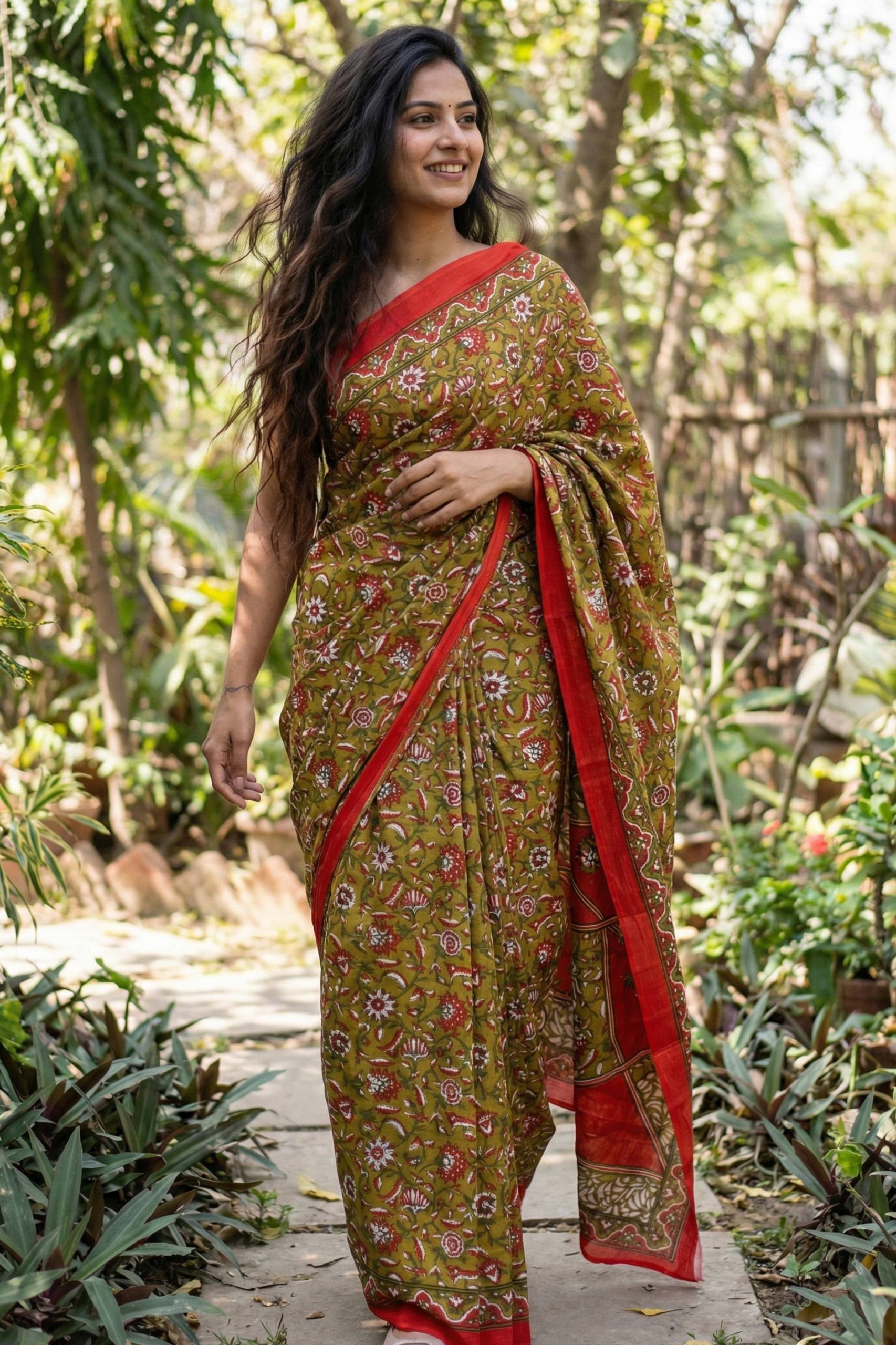 PURE SOFT COTTON JAIPURI BLOCK PRINT MEHANDI GREEN SAREE WITH BLOUSE