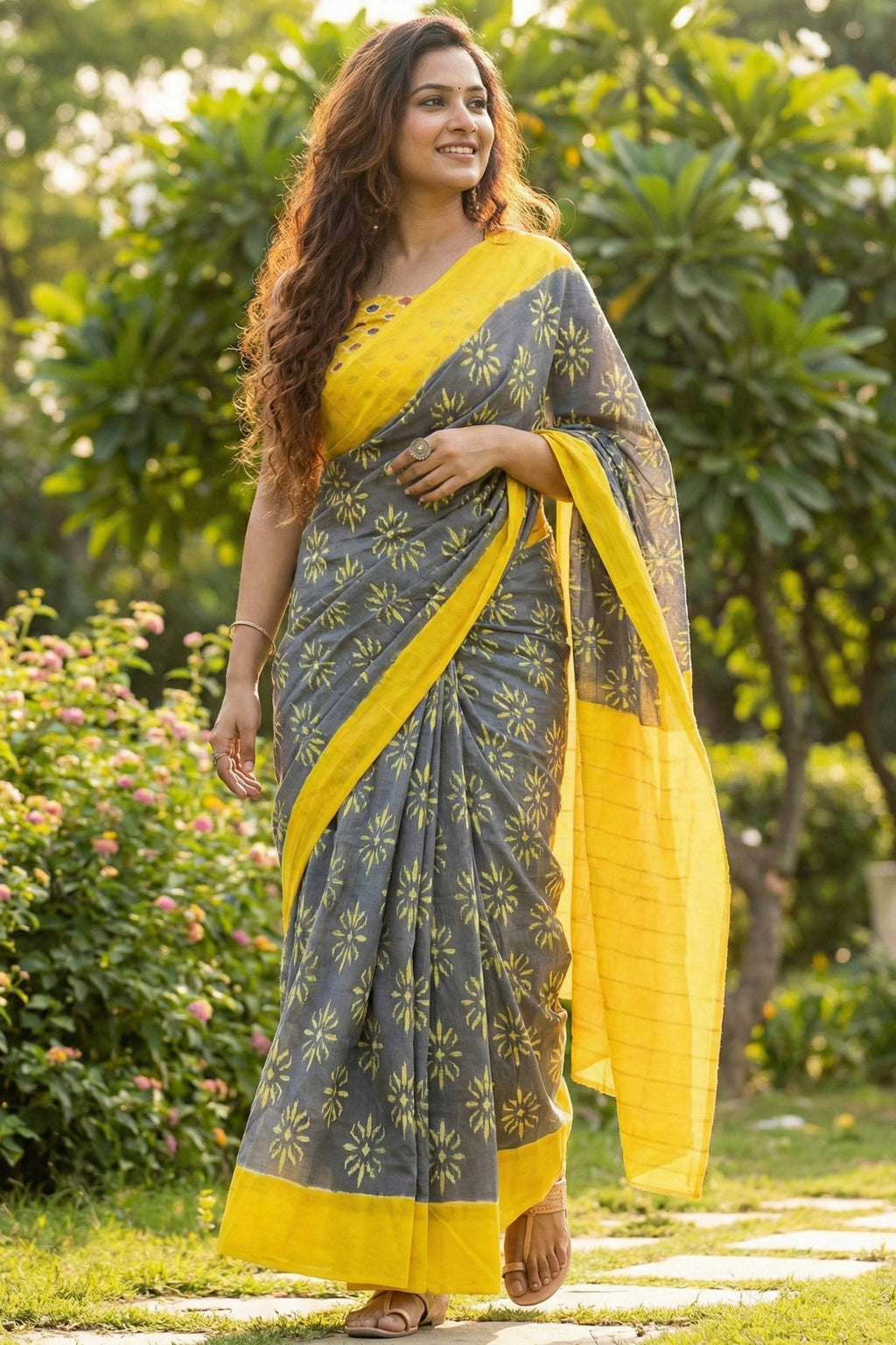 PURE SOFT COTTON JAIPURI BLOCK PRINT SILVER SAREE WITH BLOUSE