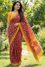 PURE SOFT COTTON JAIPURI BLOCK PRINT RUST ORANGE SAREE WITH BLOUSE