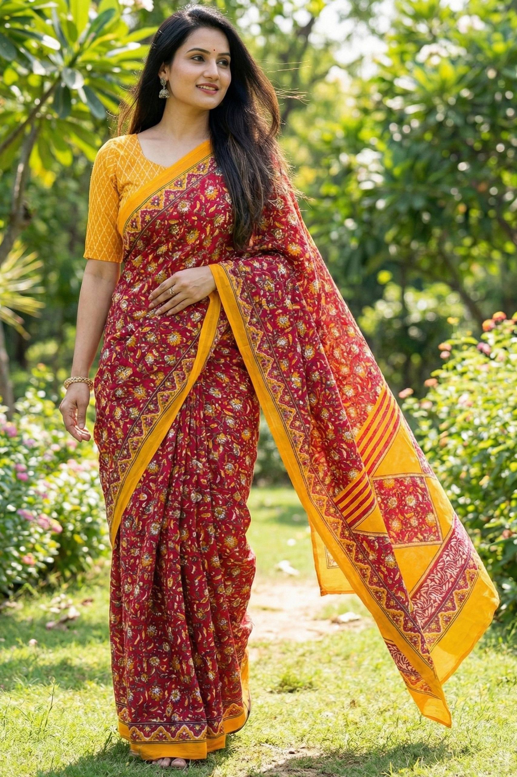 PURE SOFT COTTON JAIPURI BLOCK PRINT RUST ORANGE SAREE WITH BLOUSE