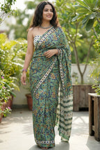 BAGRU BLOCK PRINT COTTON MULMUL JAIPURI AJRAKH PRINT MULTICOLOR SAREE WITH BLOUSE