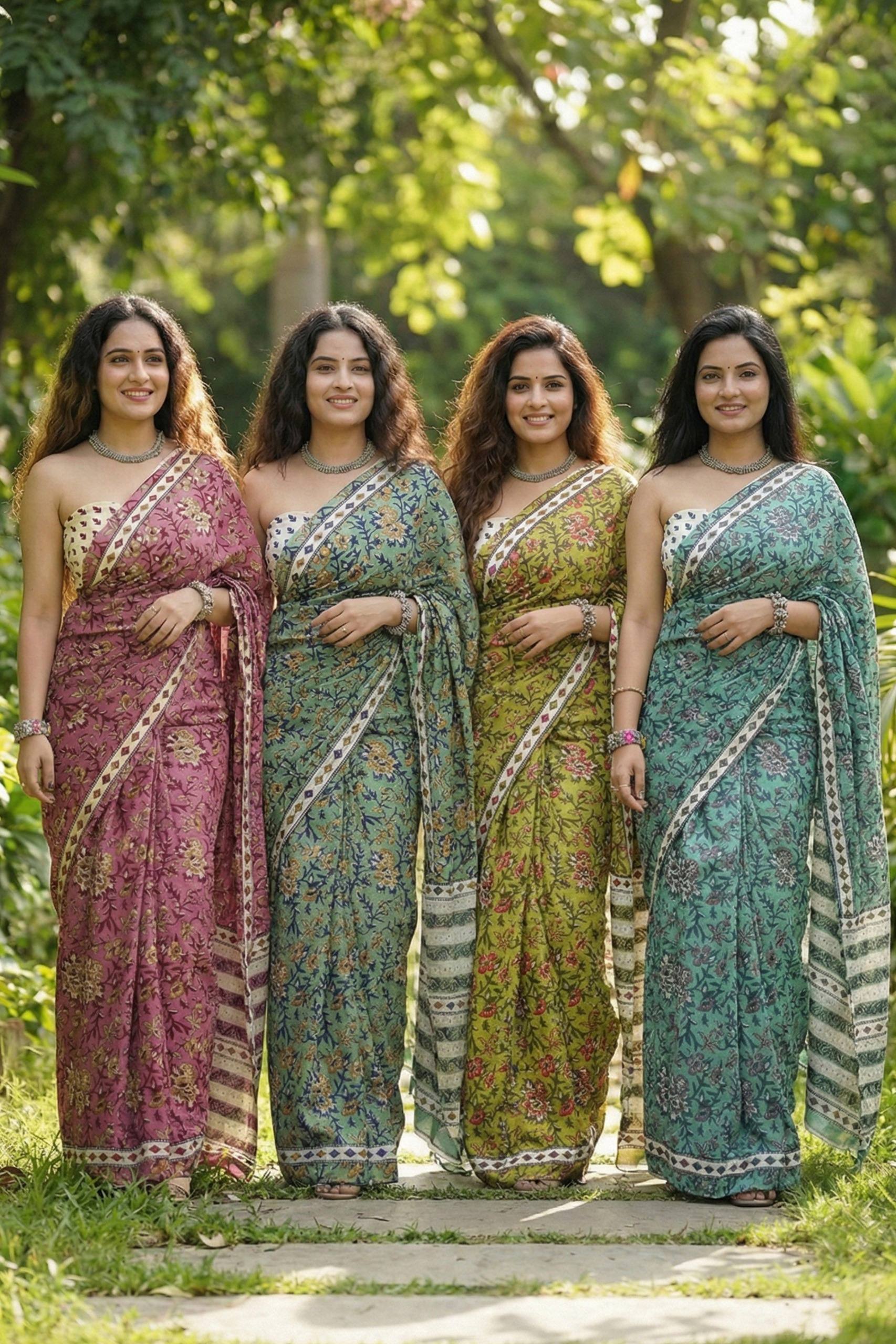 BAGRU BLOCK PRINT COTTON MULMUL JAIPURI AJRAKH PRINT GREEN SAREE WITH BLOUSE