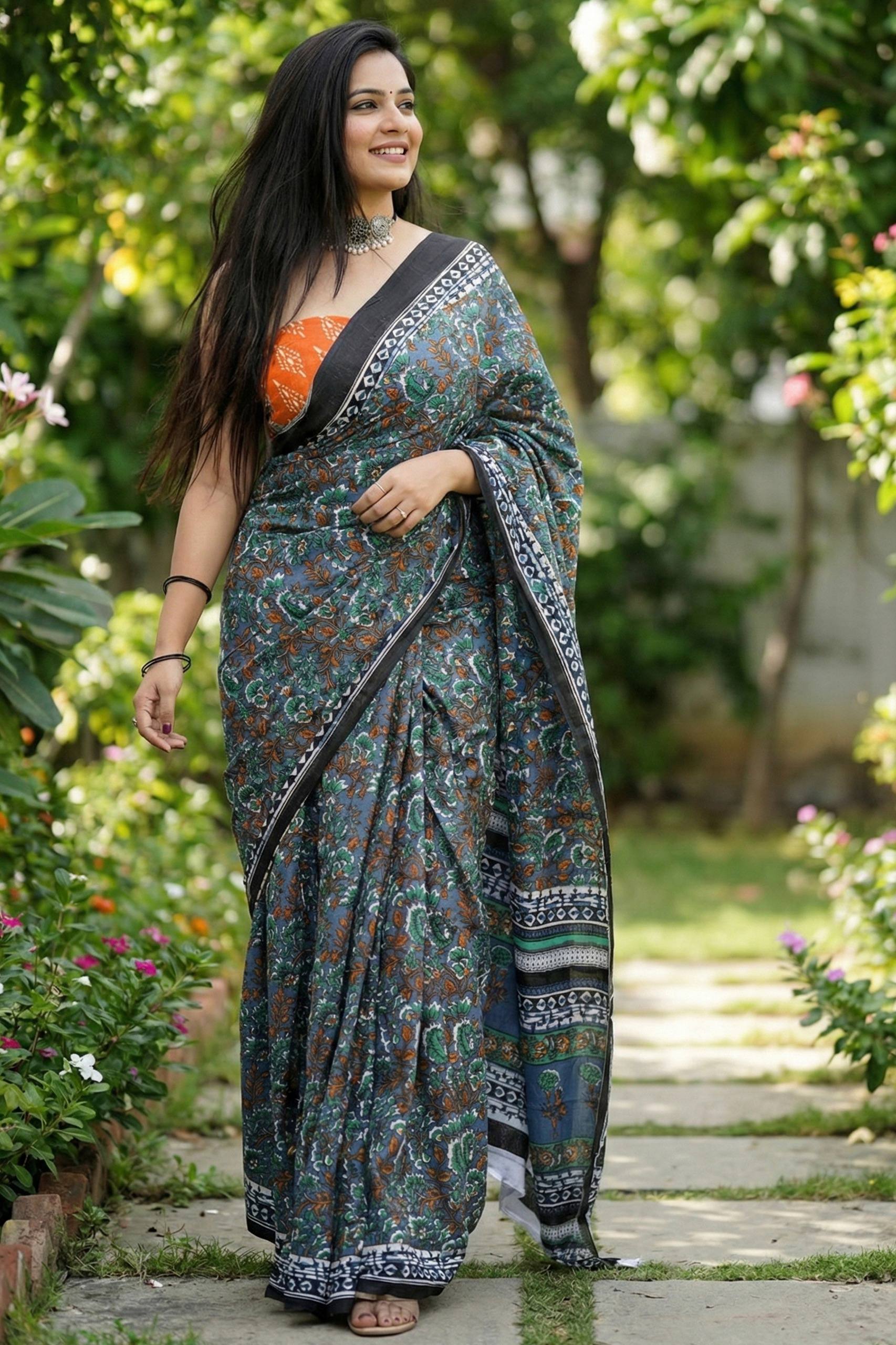 JAIPURI AJRAKH BAGRU BLOCK PRINT COTTON MULMUL DARK TEAL SAREE WITH BLOUSE