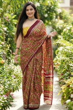 JAIPURI AJRAKH BAGRU BLOCK PRINT COTTON MULMUL MAROON SAREE WITH BLOUSE