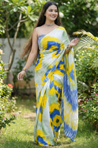 JAIPURI BAGRU BLOCK PRINT COTTON MULMUL WHITE AND BLUE SAREE WITH BLOUSE