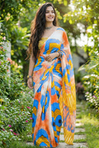 JAIPURI BAGRU BLOCK PRINT COTTON MULMUL BLUE AND YELLOW SAREE WITH BLOUSE
