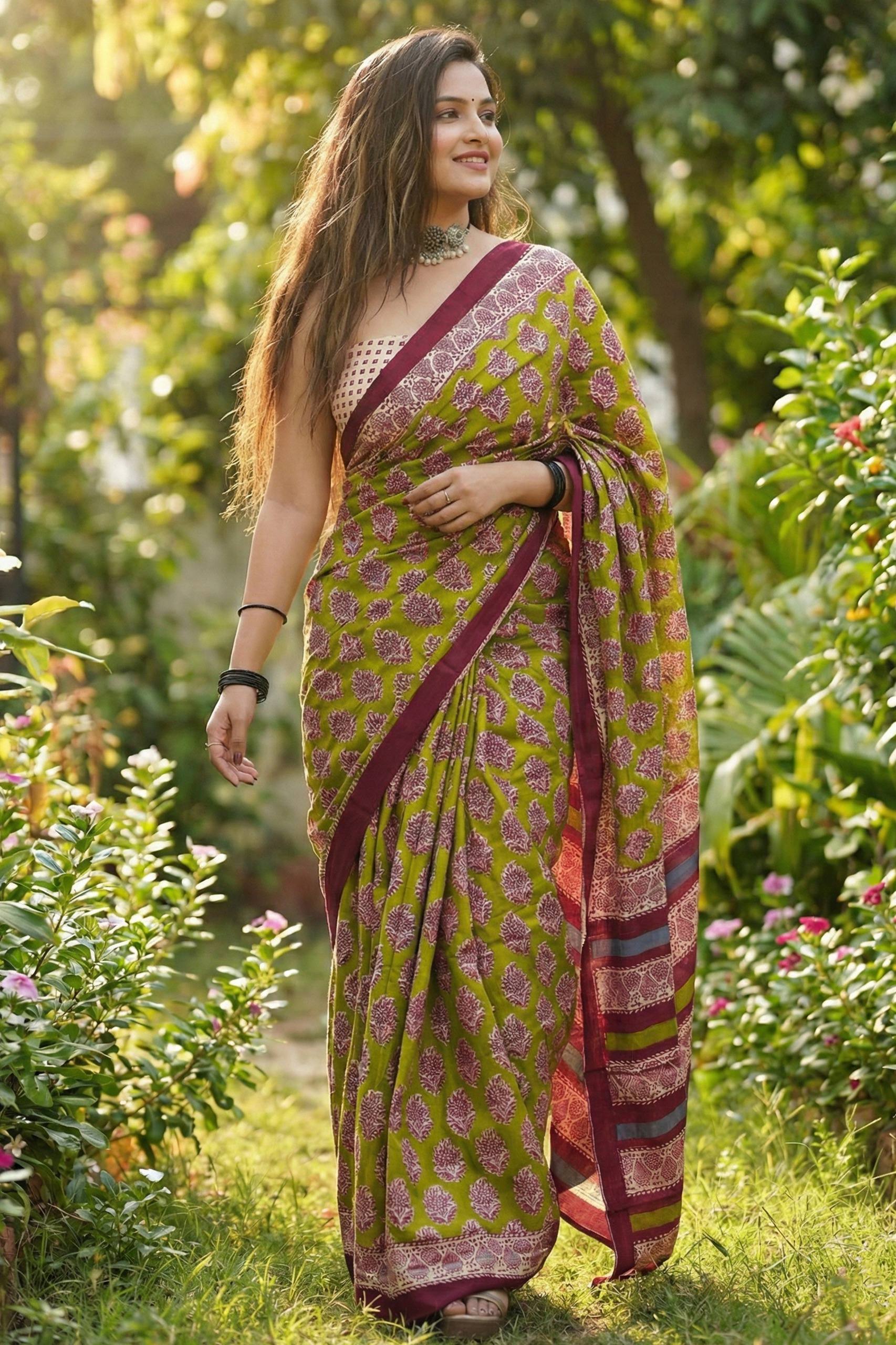 BAGRU BLOCK PRINT MULMUL COTTON MEHANDI GREEN SAREE WITH BLOUSE