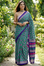 BAGRU BLOCK PRINT MULMUL COTTON TEAL SAREE WITH BLOUSE