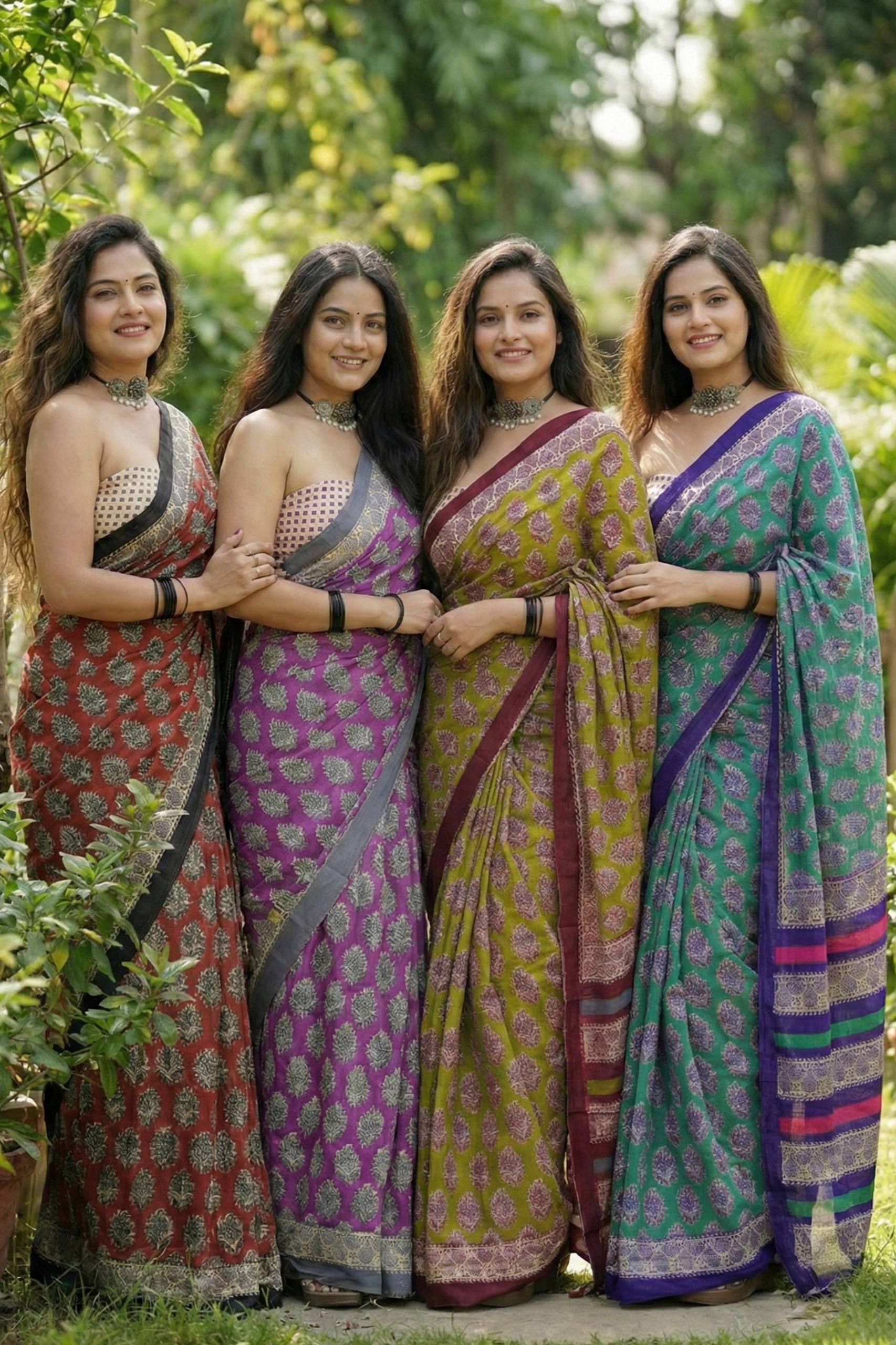 BAGRU BLOCK PRINT MULMUL COTTON MEHANDI GREEN SAREE WITH BLOUSE