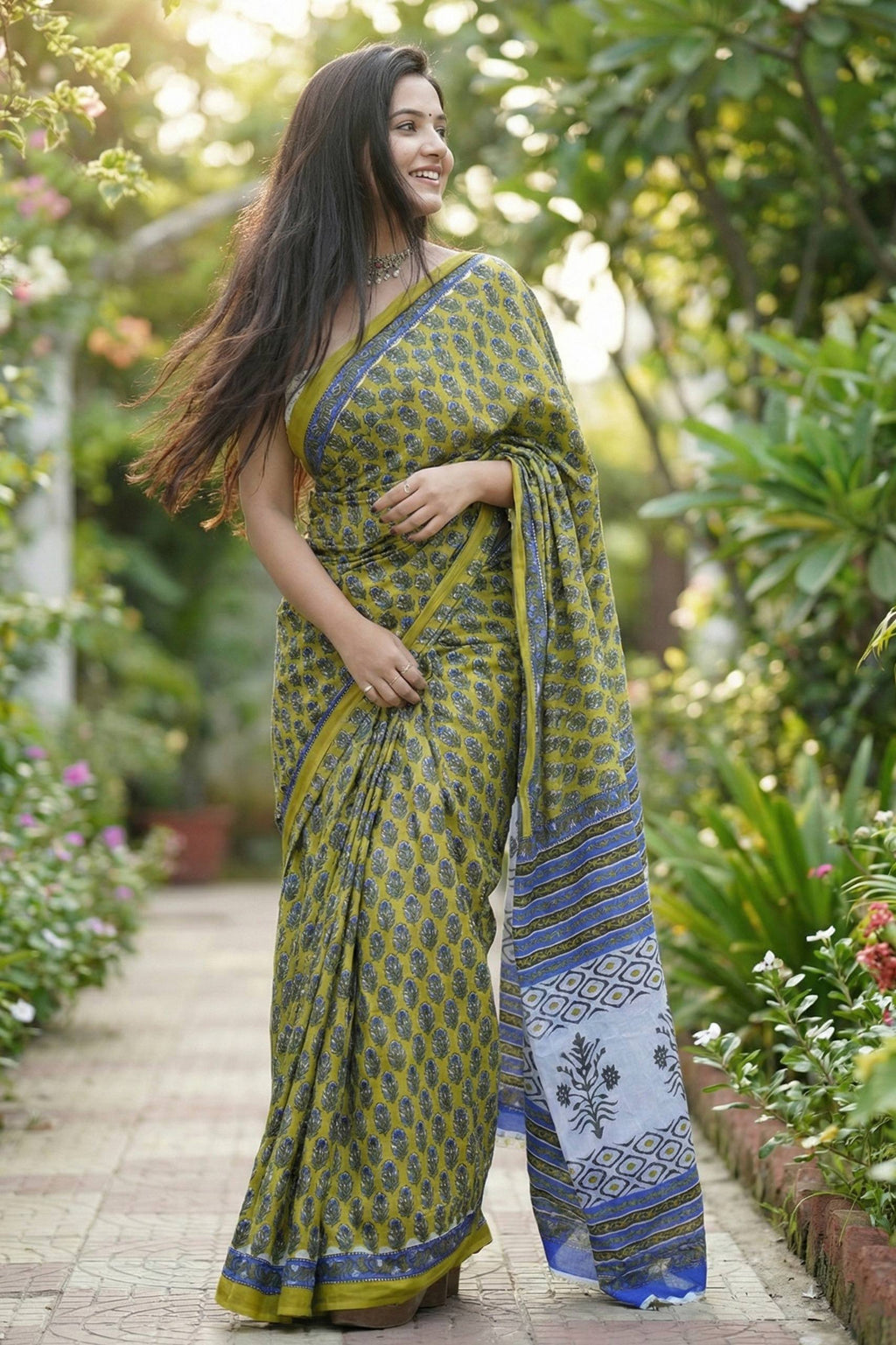 BAGRU BLOCK PRINT MULMUL COTTON MEHANDI GREEN SAREE WITH BLOUSE