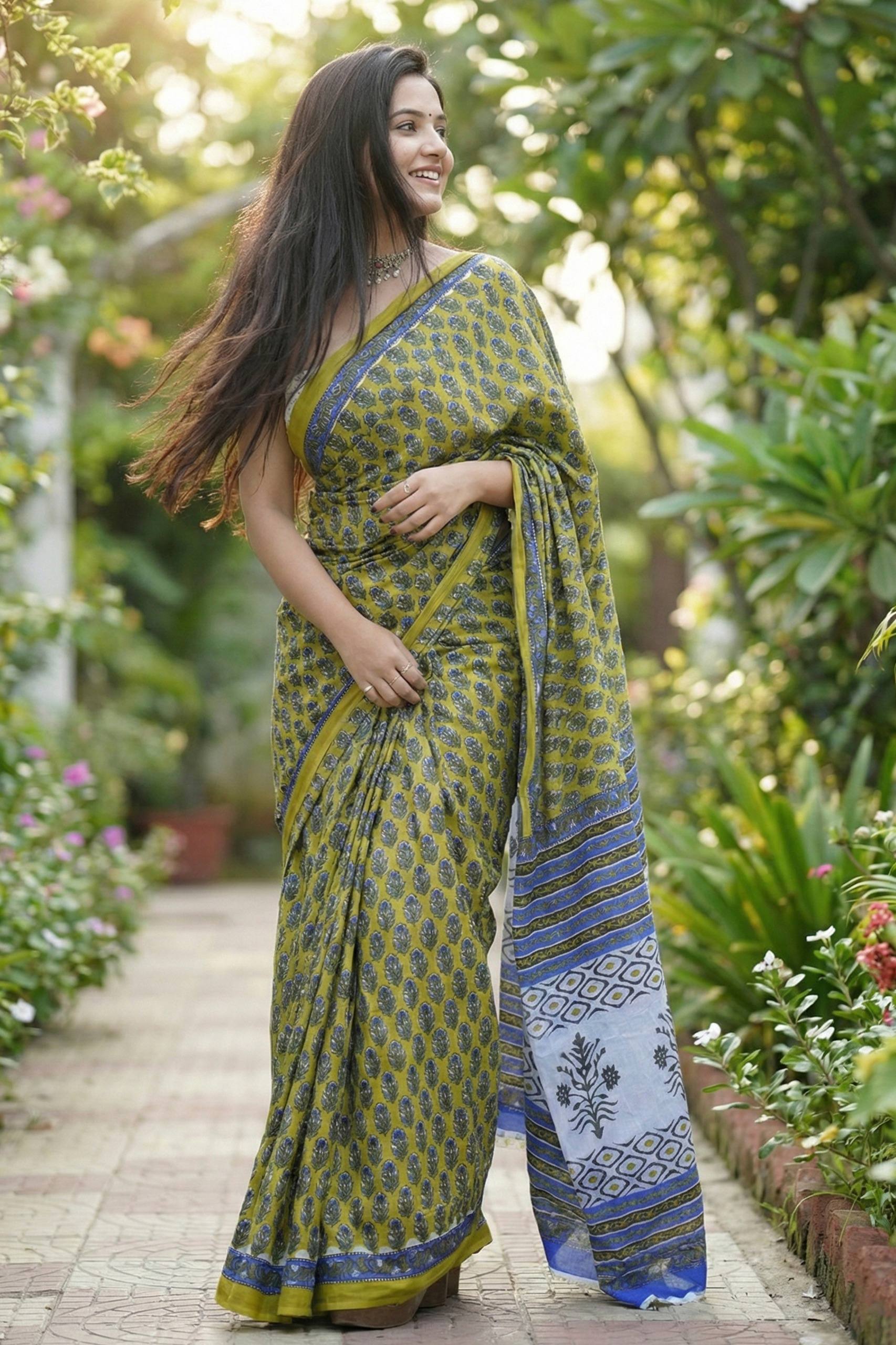 BAGRU BLOCK PRINT MULMUL COTTON MEHANDI GREEN SAREE WITH BLOUSE