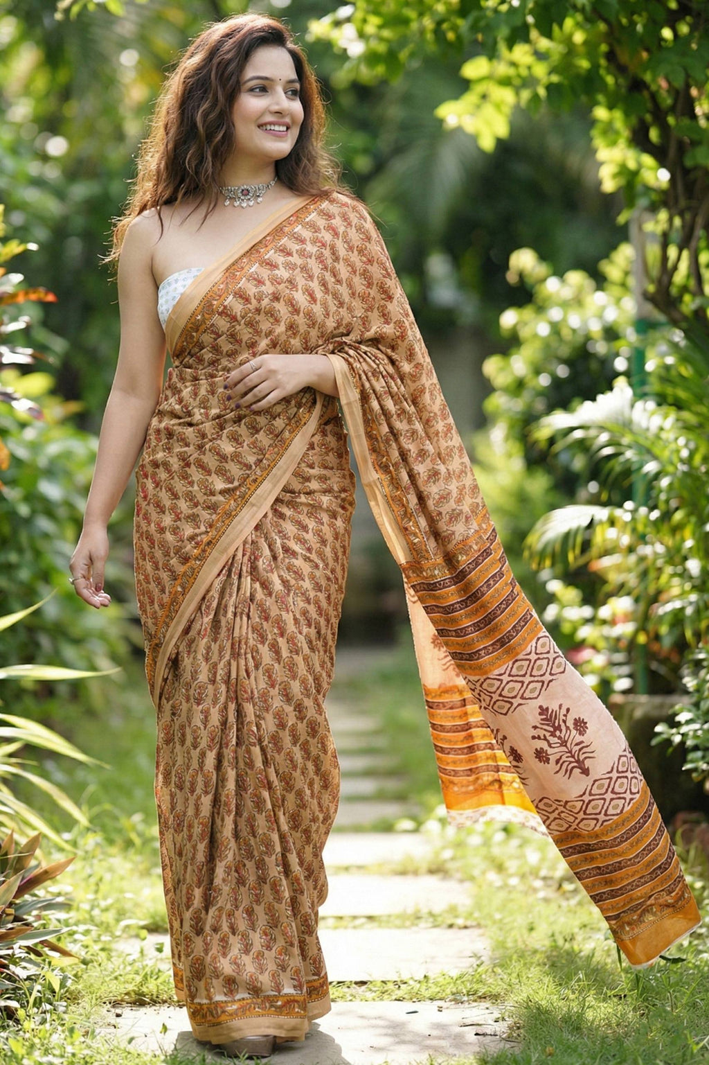 BAGRU BLOCK PRINT MULMUL COTTON BEIGE SAREE WITH BLOUSE