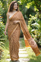 BAGRU BLOCK PRINT MULMUL COTTON BEIGE SAREE WITH BLOUSE