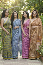 BAGRU BLOCK PRINT MULMUL COTTON MEHANDI GREEN SAREE WITH BLOUSE
