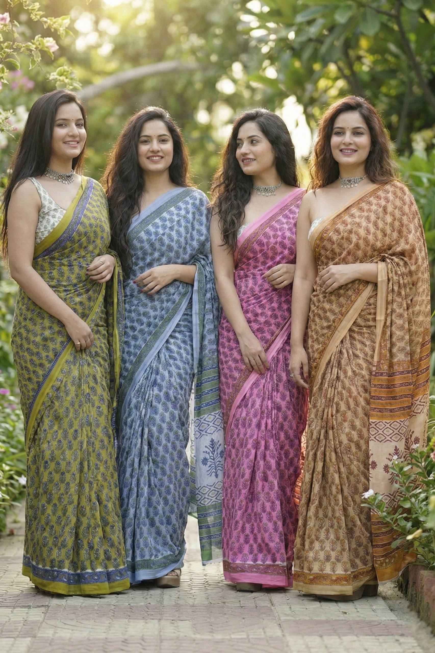 BAGRU BLOCK PRINT MULMUL COTTON SKY BLUE SAREE WITH BLOUSE