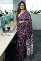 BAGRU BLOCK PRINT MULMUL COTTON PURPLE SAREE WITH BLOUSE