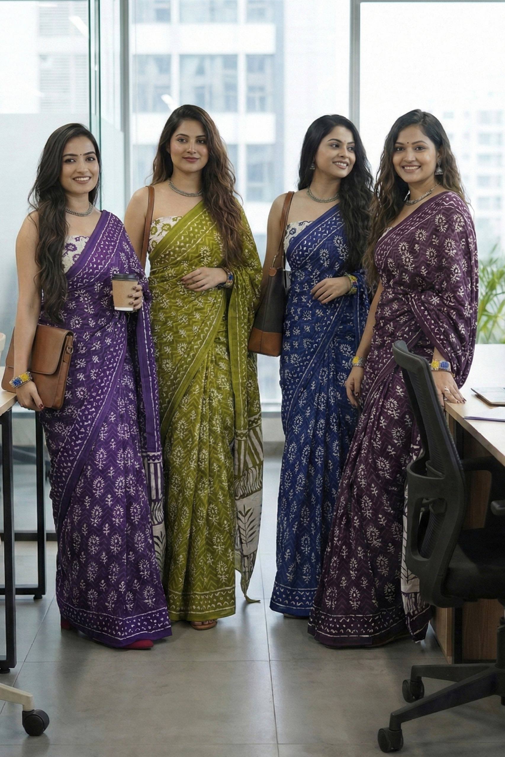 BAGRU BLOCK PRINT MULMUL COTTON BLUE SAREE WITH BLOUSE
