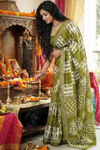 BAGRU BLOCK PRINT MULMUL COTTON MEHANDI GREEN SAREE WITH BLOUSE