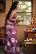 BAGRU BLOCK PRINT MULMUL COTTON PURPLE SAREE WITH BLOUSE