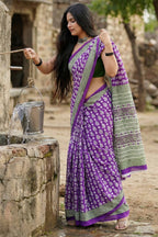 BAGRU BLOCK PRINT MULMUL COTTON  PURPLE SAREE WITH BLOUSE