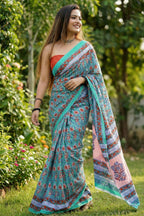 BAGRU BLOCK PRINT MULMUL COTTON MULTICOLOR SAREE WITH BLOUSE