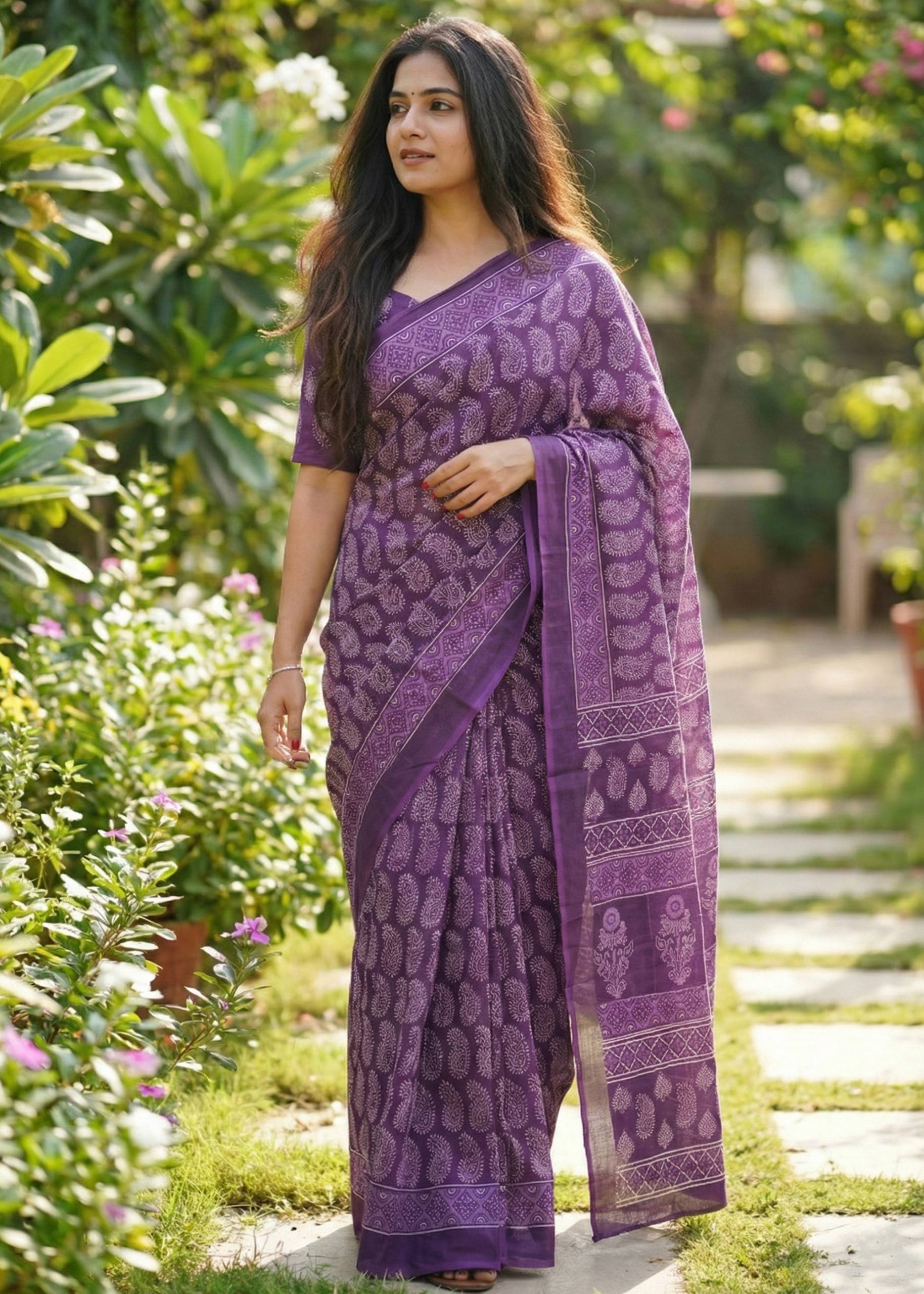 PURE SOFT COTTON HAND BAGRU PRINT PURPLE SAREE WITH BLOUSE