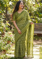 PURE SOFT COTTON HAND BAGRU PRINT MEHANDI GREEN SAREE WITH BLOUSE