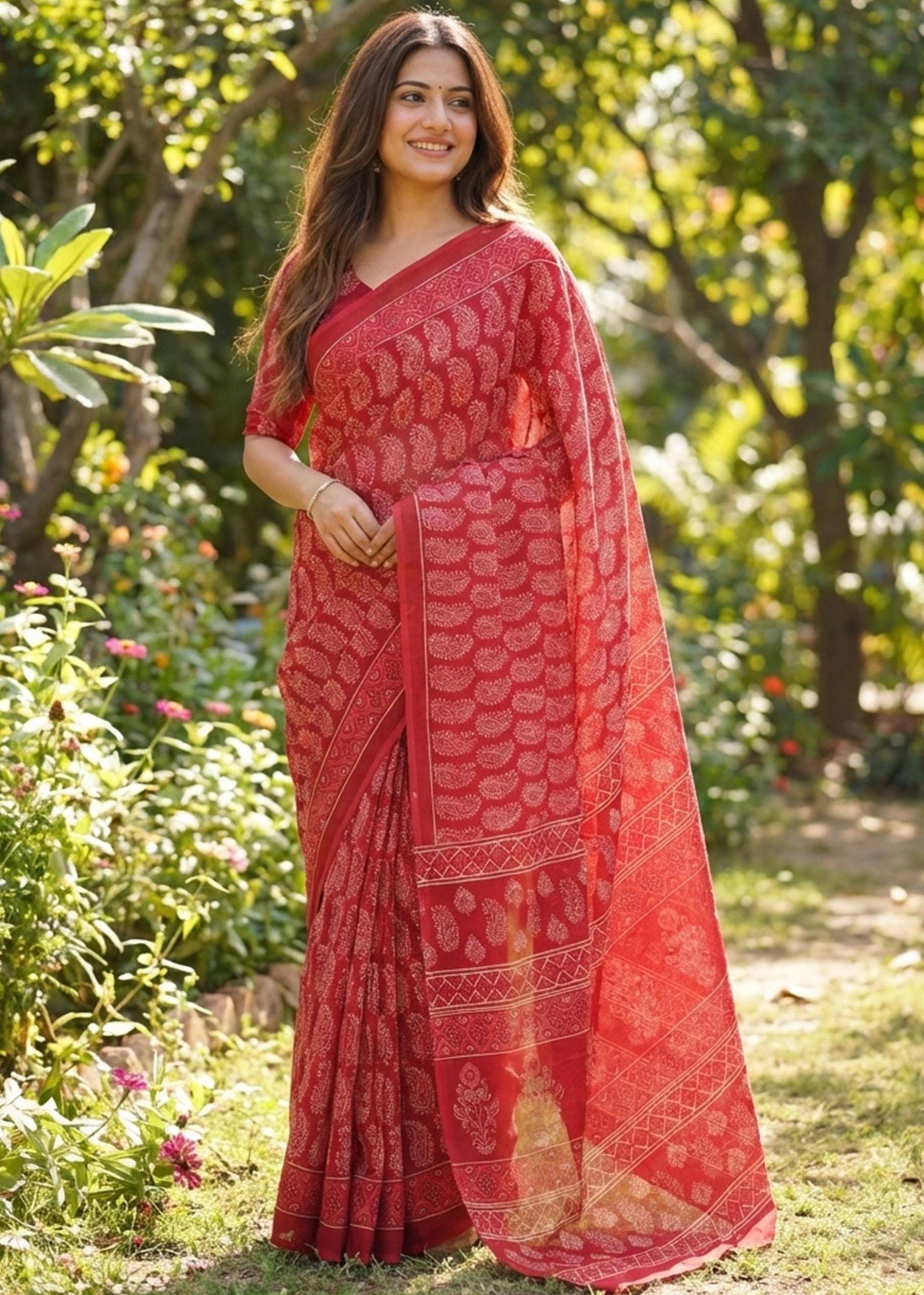 PURE SOFT COTTON HAND BAGRU PRINT RED SAREE WITH BLOUSE