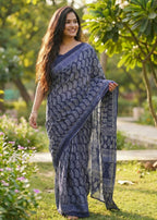 PURE SOFT COTTON HAND BAGRU PRINT NEVY BLUE SAREE WITH BLOUSE