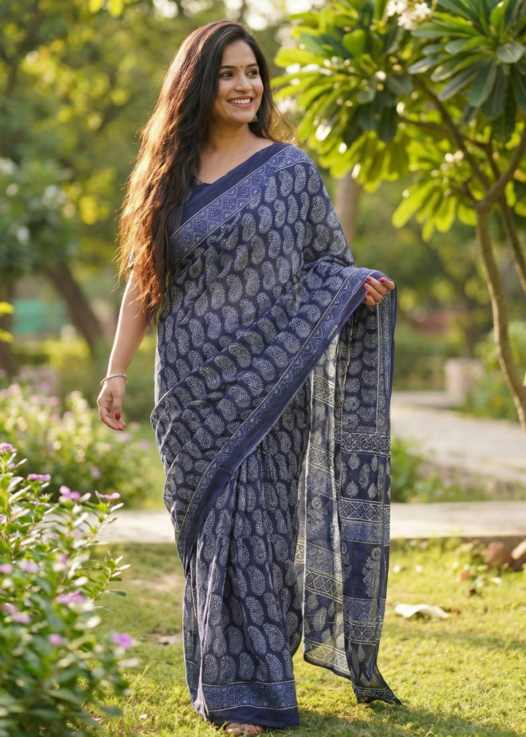 PURE SOFT COTTON HAND BAGRU PRINT NEVY BLUE SAREE WITH BLOUSE