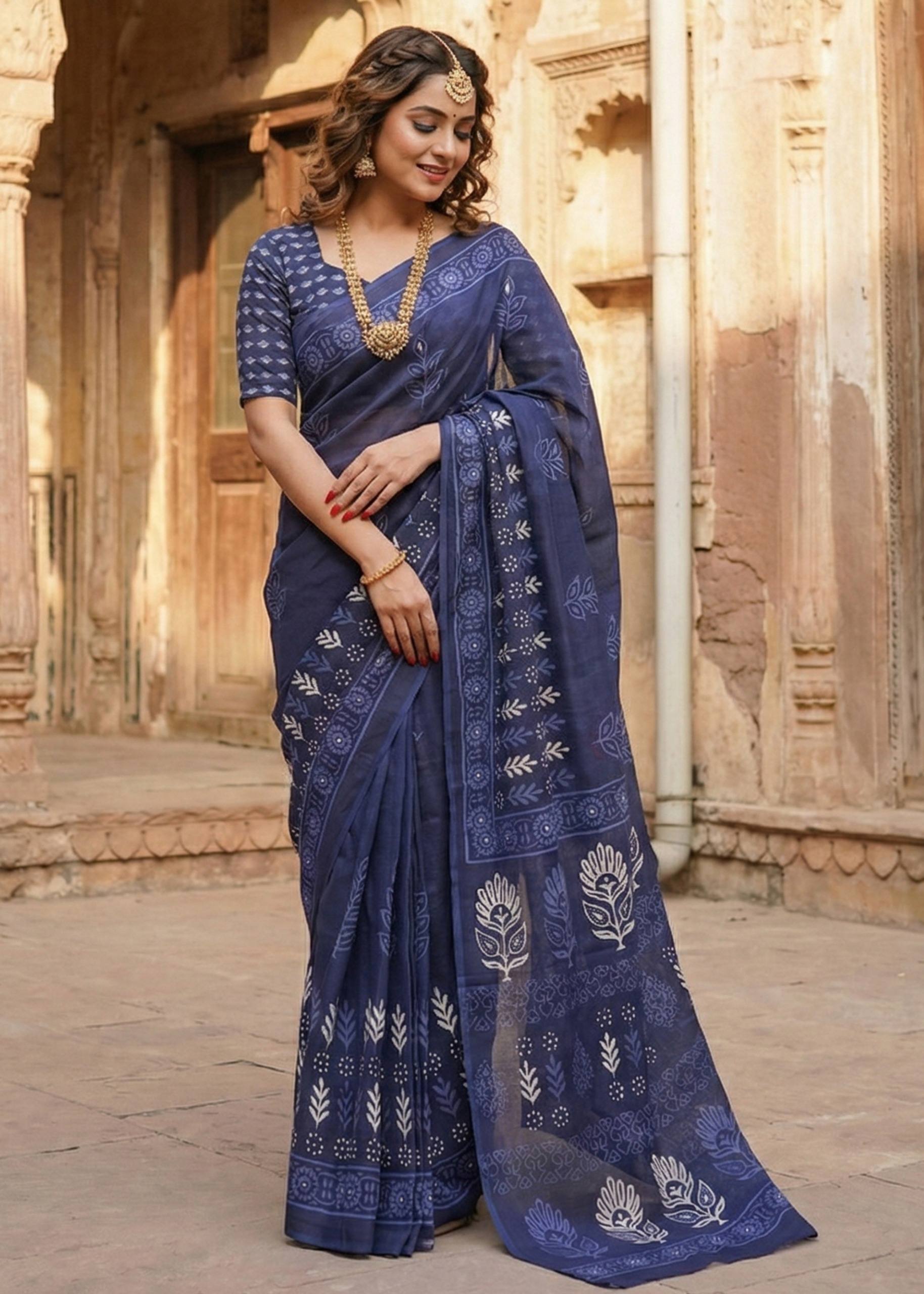 PURE SOFT COTTON HAND BAGRU PRINT NEVY BLUE SAREE WITH BLOUSE