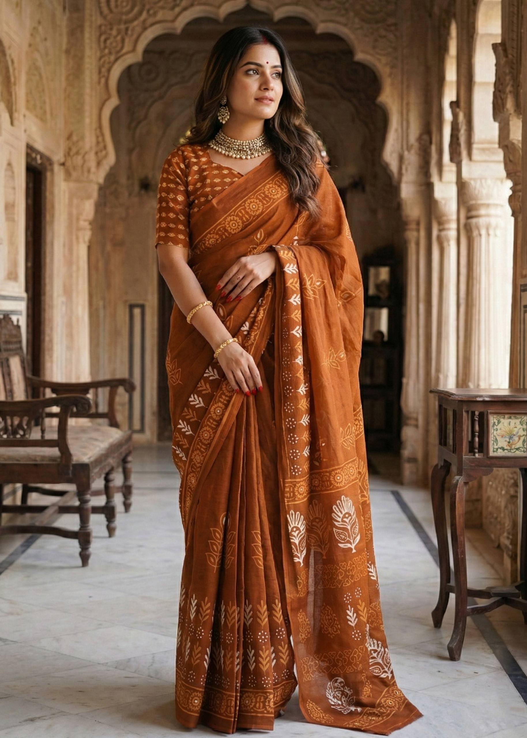 PURE SOFT COTTON HAND BAGRU PRINT ORANGE SAREE WITH BLOUSE
