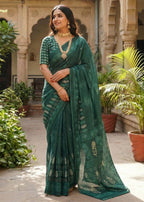 PURE SOFT COTTON HAND BAGRU PRINT GREEN SAREE WITH BLOUSE