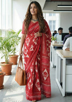 PURE SOFT COTTON HAND BAGRU PRINT RED SAREE WITH BLOUSE