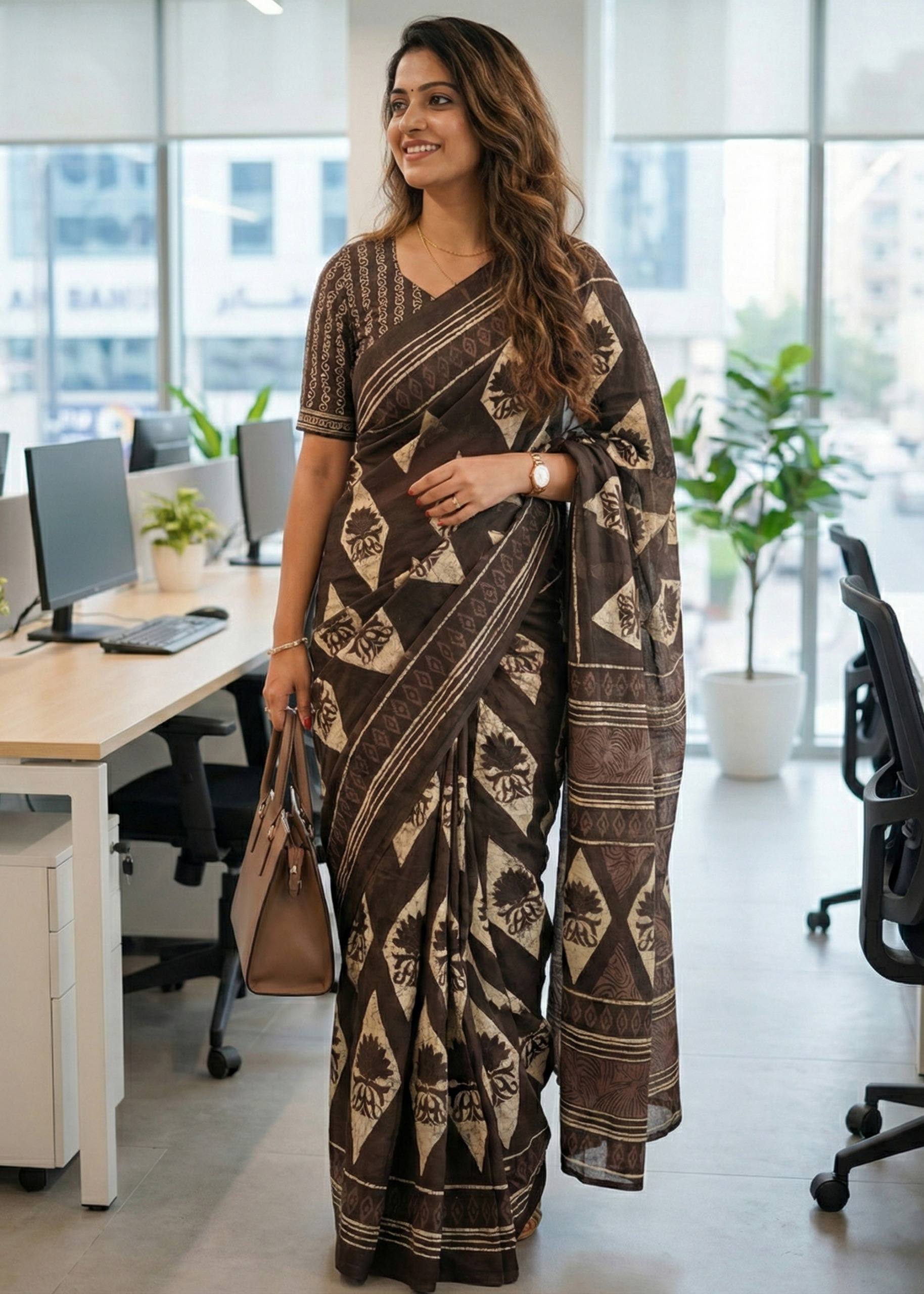 PURE SOFT COTTON HAND BAGRU PRINT BLACK SAREE WITH BLOUSE