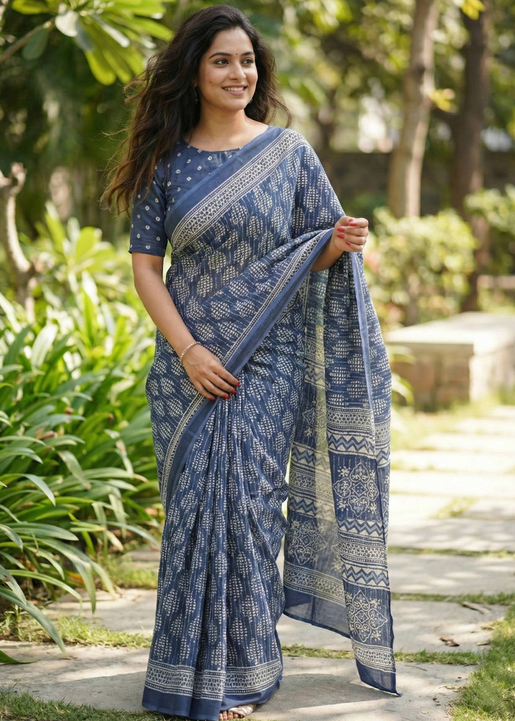PURE SOFT COTTON HAND BAGRU PRINT BLUE SAREE WITH BLOUSE